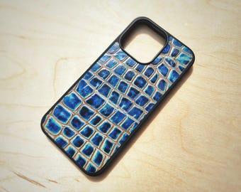 Leather Phone Case for iPhone 6 to 18 - Blue - Mosaic - Embossed Cowhide