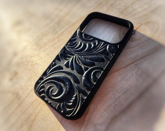 Leather Western iPhone Real Leather Embossed iPhone Case Black Western Spiral