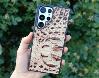 Leather Cream Alligator Embossed Phone Case For Samsung S8 to S26 Note Cowhide