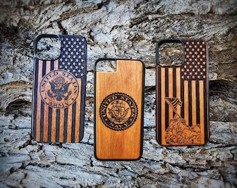 Military iPhone 16 16e 17 Air Plus + Pro Max Army Phone Case Coast Guard Air Force Phone Case Army Wood