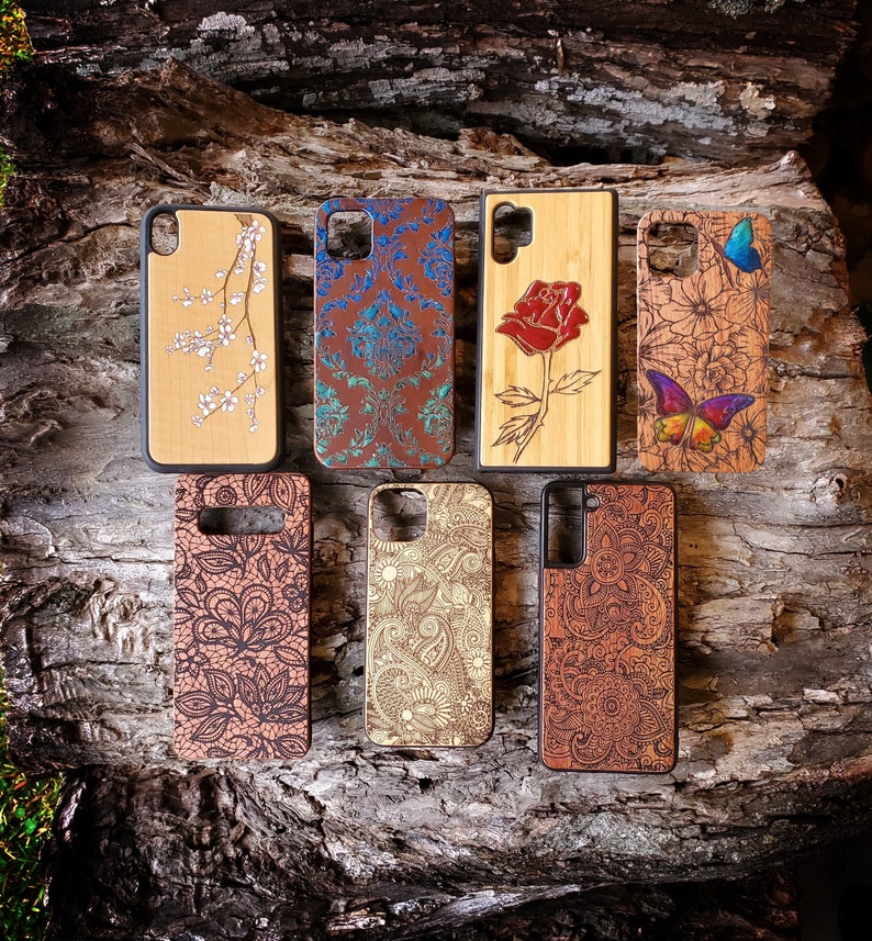 Wood Samsung S8, S9, S10; Note 8, 9, 10 + Plus Galaxy Engraved Floral Phone Cases - Personalize 