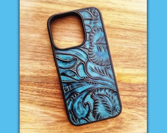 Leather Phone Case for iPhone 6 to 18 - Aqua - Floral - Embossed Cowhide