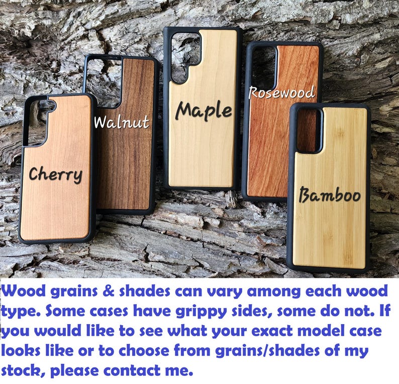 a collection of wooden phone cases in various types of wood, including cherry, maple, rosewood, and bamboo, arranged on a textured surface.