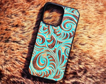 Leather Turquoise Western Spiral Embossed Phone Case for iPhone 6 to 17