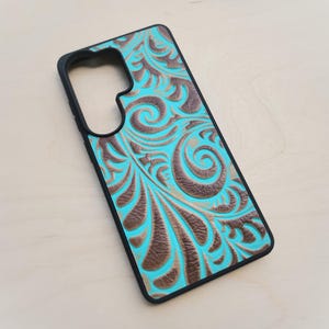 Leather Turquoise Western Spiral Embossed Phone Case For Samsung S8 to S26 Note Cowhide