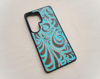 Leather Turquoise Western Spiral Embossed Phone Case For Samsung S8 to S26 Note Cowhide