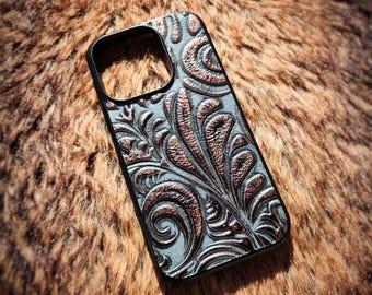 Leather Copper Western Spiral Embossed Phone Case for iPhone 6 to 17