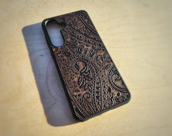 Leather Brown Paisley Embossed Phone Case For Samsung S8 to S26 Note Cowhide