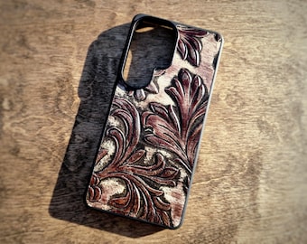 Leather Scrollwork Embossed Phone Case For Samsung S8 to S26 Note Cowhide