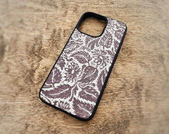 Leather Phone Case for iPhone 6 to 18 - Daisy - Brown - Embossed Cowhide