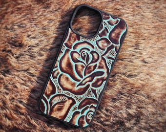Leather Turquoise Rose Embossed Phone Case for iPhone 6 to 17
