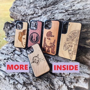 May include: Five rectangular phone cases with black edges and light or dark wood back panels. The cases feature laser-engraved designs including a portrait of Princess Leia, a Jedi symbol, the Death Star, the Millennium Falcon, and Yoda.