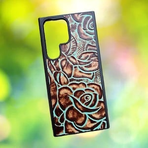 Leather Phone Case Rose Pattern Samsung S8 S9 S10 S20 S21 S22 S23 S24 Note 8 9 10 20 Plus Ultra FE + Real Leather Samsung Case Rose Design