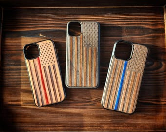 American Flag Phone Case iPhone 12 to 15 Plus + Mini Pro Max - Real Wood - Thin Line