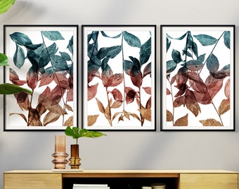 Abstract wall art,  Set of 3, Leaves art print, Digital download, Botanical poster, Neutral Wall Art, Tropical Leaves Print, Boho Decor