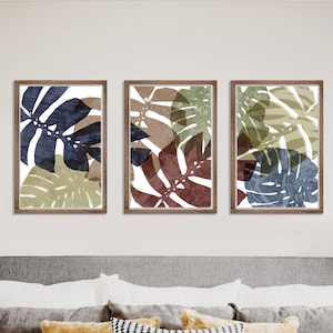 Tropical wall art, Set of 3, Monstera Leaf print, Digital download, Botanical poster, Neutral Wall Art, Bedroom wall decor, Boho Decor