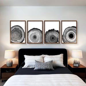 Modern Black and White Tree Ring Set of 4 prints, Tree rings prints, Wood slice art, Minimal Tree wall prints, Printable tree ring art