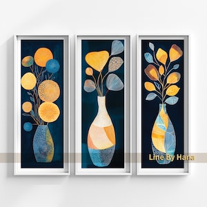 Impresiones abstractas de jarrones florales, juego de 3, impresiones artísticas de jarrones de flores, póster de jarrones, arte de pared botánico, 12 x 36, largo y estrecho, descarga digital