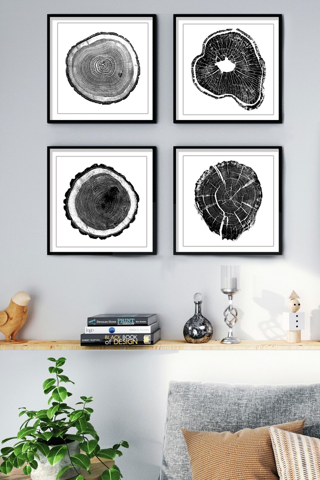 Black and White, Set of 4, Tree Ring Prints, Tree Stump Prints, Wood ...