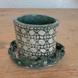 May include: A cylindrical ceramic planter with a matching scalloped saucer. The planter features a textured, crackled pattern of off-white circular shapes outlined in dark forest green glaze. The saucer has a matching green rim with small white spots.