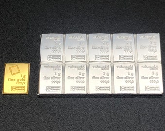 1-Gram GOLD & 10 x 1-Gram pure SILVER - Premium VALCAMBI Swiss Bullion 999 Fine - Precious Metal Investor Starter Set