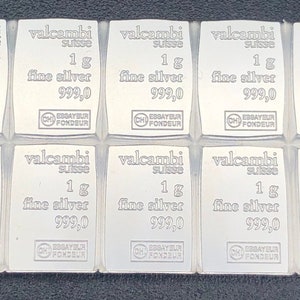 10 x 1 gramas de prata pura em barras - Valcambi Premium Swiss Silver 999 Fine