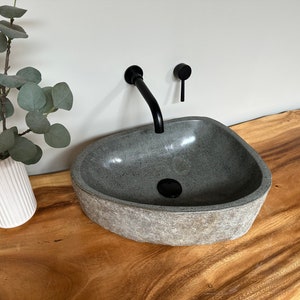 Naturstein Waschbecken Aufsatzwaschbecken Flussstein 47x34 cm