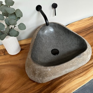 Naturstein Waschbecken Aufsatzwaschbecken Flussstein 55x48 cm