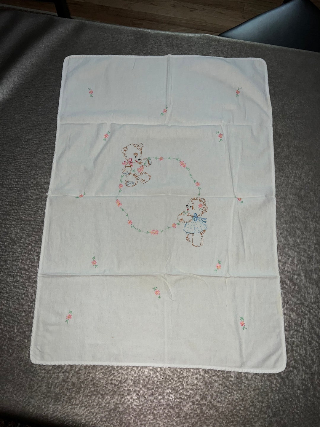 Vintage Embroidered Baby Receiving Blanket. Hand Stitched White Flannel