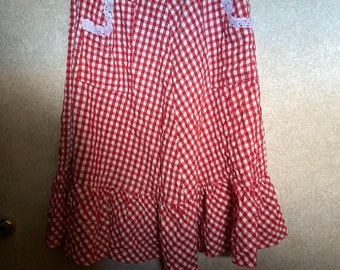 Red white gingham check prairie skirt vintage sized lace trim