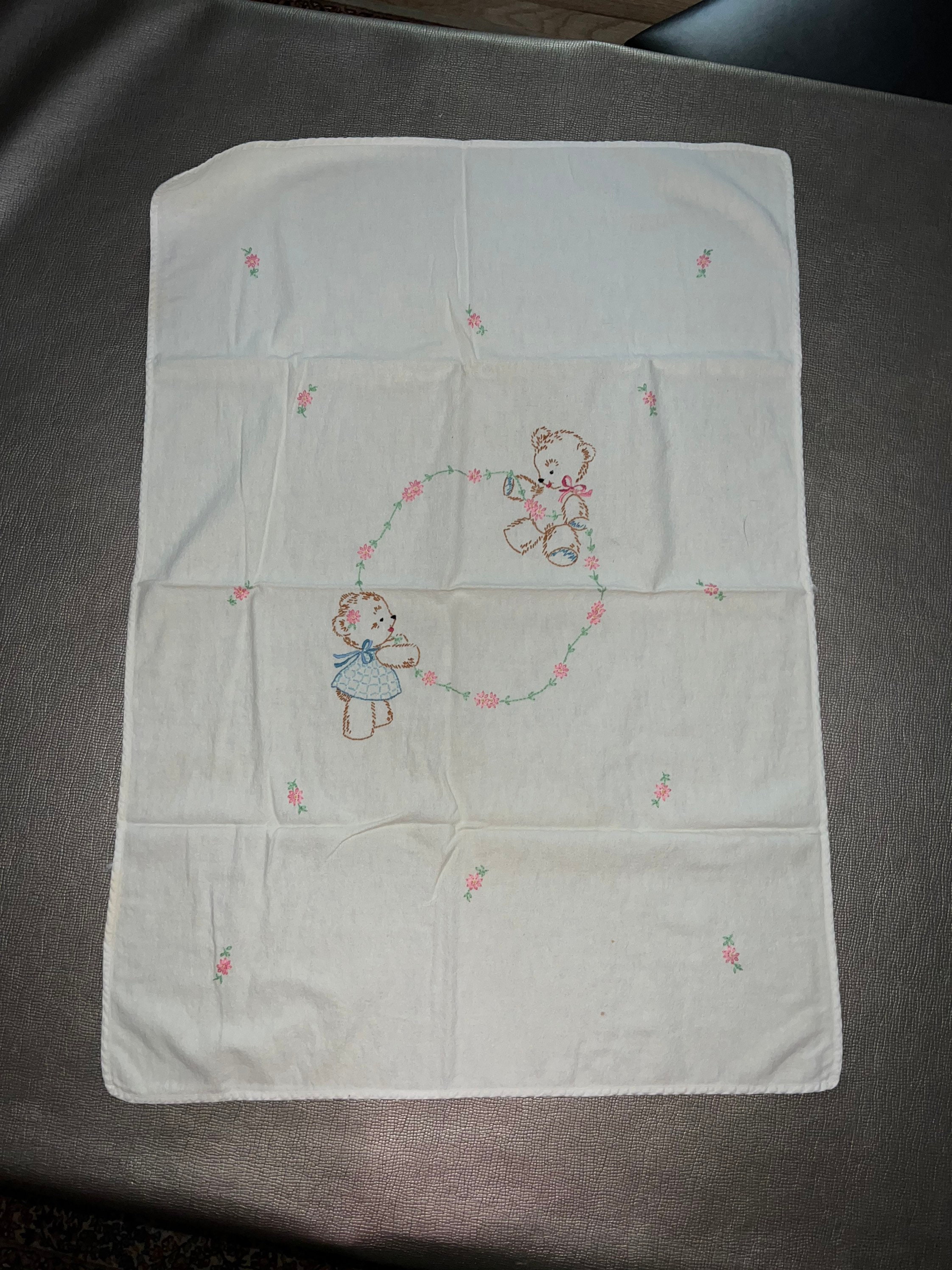 Vintage Embroidered Baby Receiving Blanket. Hand Stitched White Flannel