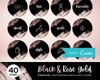 40 個の Instagram ハイライト アイコン ブラック ローズ ゴールド Canva テンプレート