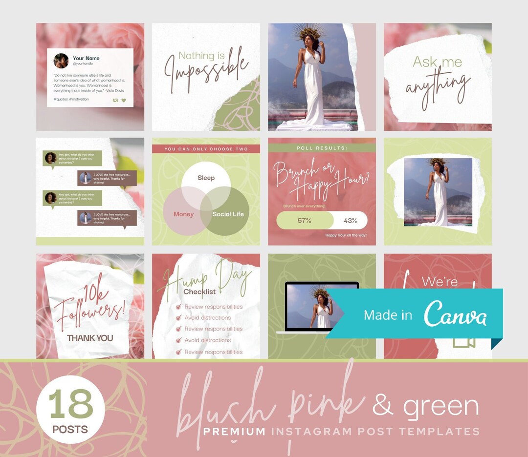 18 Instagram Post Templates Blush Pink Green Social Media IG Engagement ...