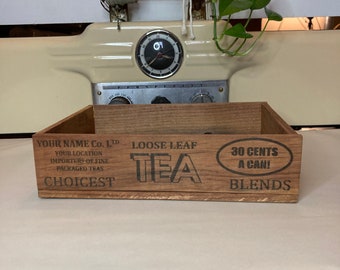 Personalized Tea crate, loose leaf tea, vintage inspired, laser engraved, handmade, custom, wood, pine lumber, gift box
