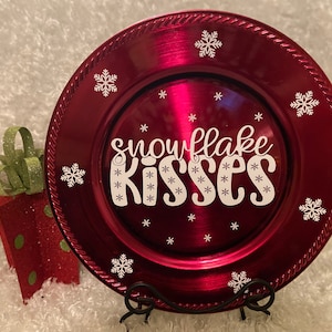 Snowflake Kisses Red Charger Plate with Snowflakes, Snowflake decor, Winter Home Decor, Christmas Decor, Charger plate, Snowflake Plate