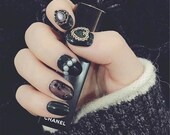 Set of 24 Hand painted Black Gemstone Nails,Glue On Nails,Press On Nails,Fake Nails,Short Round Nails,Acrylic with all size