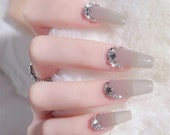 Gray Japanese Manicure,Gentle Rhinestone False Nails,Art Nails,Girl 39 s Power Glue On Nails,Press On Nails,Coffin Nails,Customize Nails