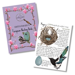 May include: Two illustrated guides: "Identification Guide to European Nesting Birds" with a bird illustration and floral border, and a "Magpie" guide with a nest, eggs, and bird illustration. The guides feature text and detailed illustrations.
