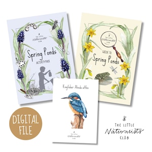 Peut inclure: Ensemble de fichiers numériques sur le thème de la nature. L'image présente un "Spring Ponds Activity Pack" et un livret "Guide to Spring Ponds", tous deux avec des illustrations florales et botaniques. Une carte avec une illustration de martin-pêcheur est également incluse. Une étiquette de fichier numérique est visible.