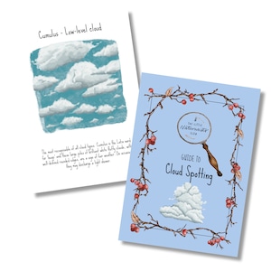 May include: Two illustrated guides. One features a blue sky with white cumulus clouds and text: "Cumulus - Low-level cloud." The other, a light blue cover, reads "Guide to Cloud Spotting" with a magnifying glass and the text "The Little Naturalists Club."