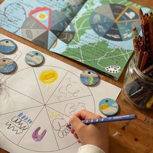 Puede incluir: Actividad de dibujo infantil con un diagrama de rueda meteorol&oacute;gica y amuletos de madera pintados a juego. El libro abierto muestra ilustraciones relacionadas con el clima. Un tarro de l&aacute;pices de colores est&aacute; cerca.