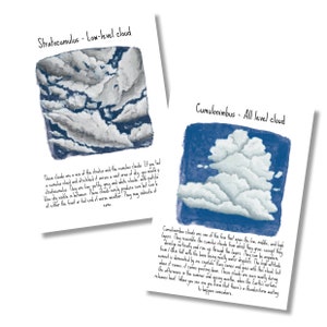 Op de afbeelding: Twee educatieve prints over wolken. De eerste print toont een Stratocumulus-wolk met de tekst "Stratocumulus - Low-level cloud". De tweede print toont een Cumulonimbus-wolk met de tekst "Cumulonimbus - All level cloud".