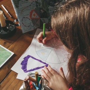Puede incluir: Un ni&ntilde;o dibuja en papel blanco con un l&aacute;piz verde, coloreando un diagrama circular. Un tarro de cristal con l&aacute;pices de colores est&aacute; sobre una mesa de madera. Una vela en un portavelas negro y un libro con texto manuscrito tambi&eacute;n est&aacute;n sobre la mesa.