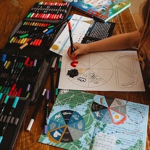 Puede incluir: Una colecci&oacute;n de materiales de arte, que incluye un estuche negro lleno de rotuladores de colores y libros abiertos con ilustraciones. Una mano dibuja con un rotulador rojo en un diagrama. La escena est&aacute; ambientada sobre una superficie de madera.