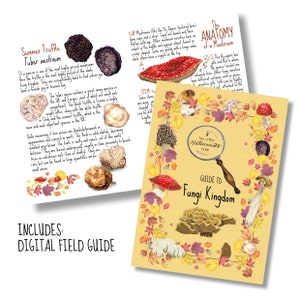 May include: Two illustrated pages from "The Little Naturalists Club Guide to Fungi Kingdom." One page details summer truffles, the other, mushroom anatomy. The guide includes a digital field guide.