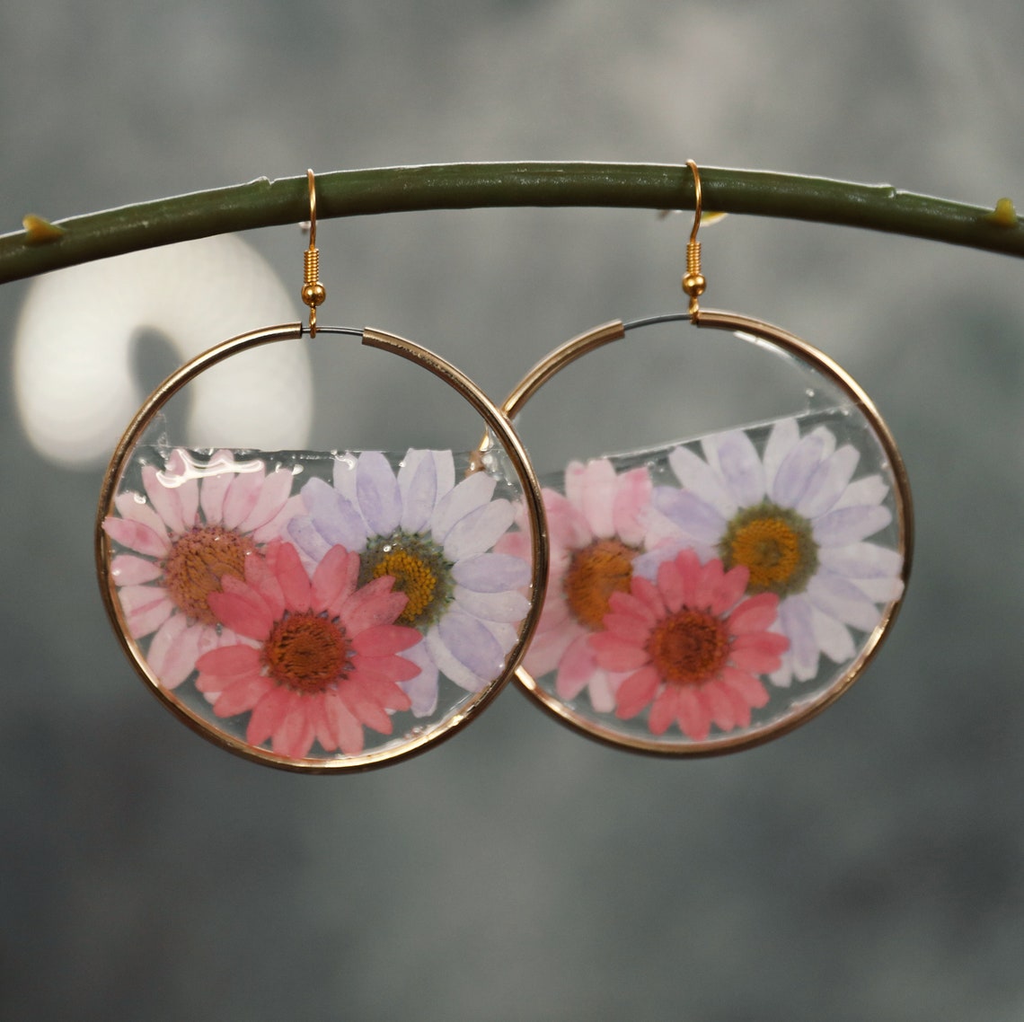 Large Floral Hoop Earrings with Real Flowers encased in Etsy