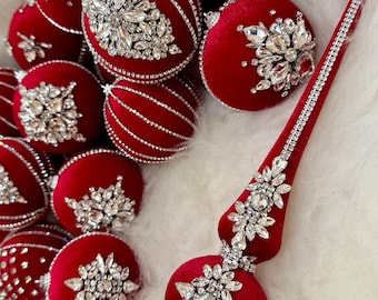RED AVAILABLE 31pcs Set of Christmas tree ornaments with topper, handmade rhinestone baubles and topper, shiny rhinestone Christmas balls