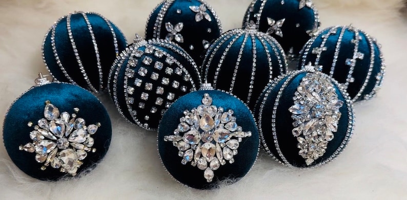 4pcs Set of Christmas tree ornaments, handmade rhinestone baubles, shiny rhinestone Christmas balls image 3