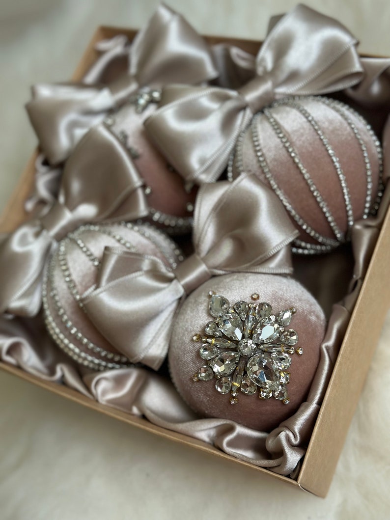 4pcs Set of Christmas tree ornaments, handmade rhinestone baubles, shiny rhinestone Christmas balls image 2