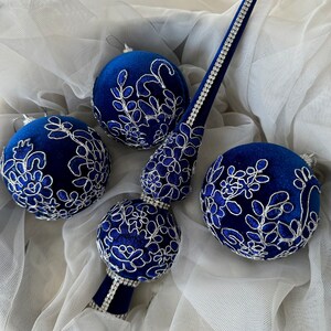 10pcs blue Christmas tree ornament set with gorgeous topper, handmade shiny crystal glass rhinestone lace baubles Xmas tree toys luxury ball